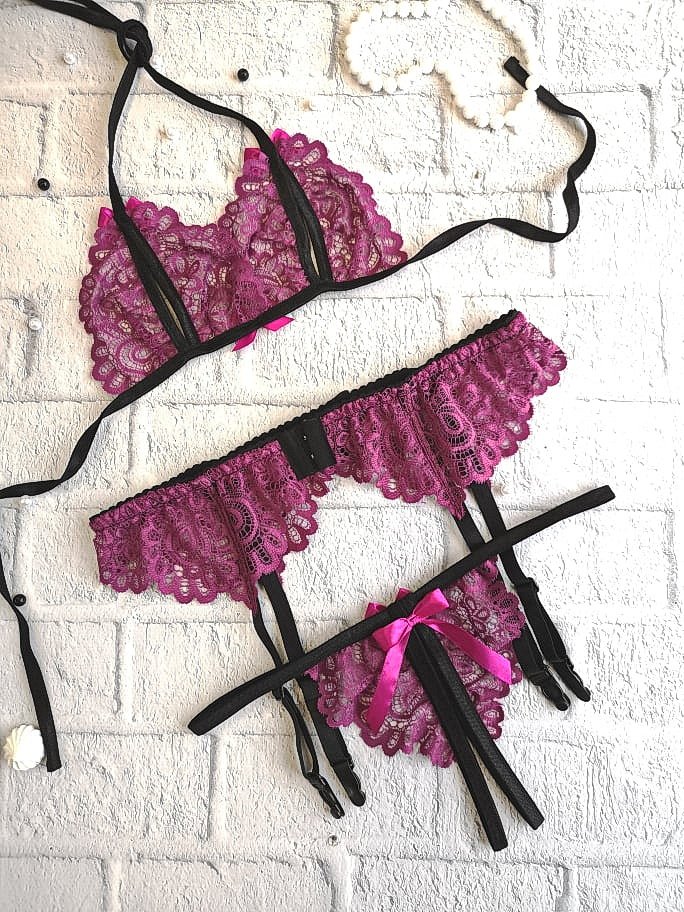 Lace Lingerie Set: Bra, Garter Belt and Crotchless Thong