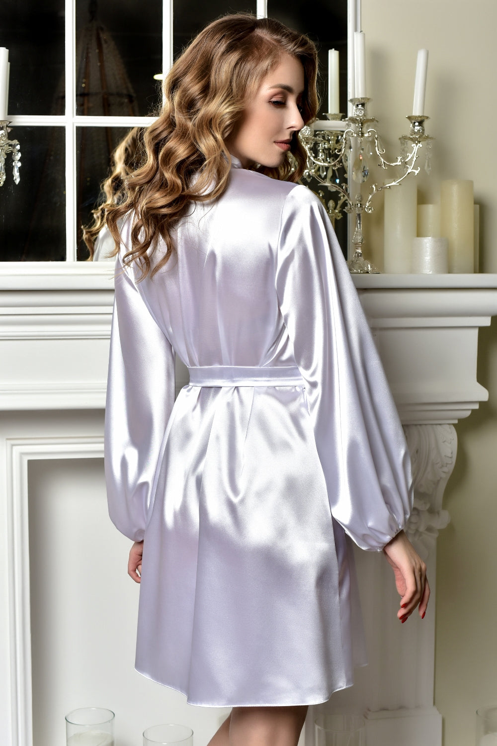 White Short Peignoir Set: Slip with Puff-Sleeves Robe