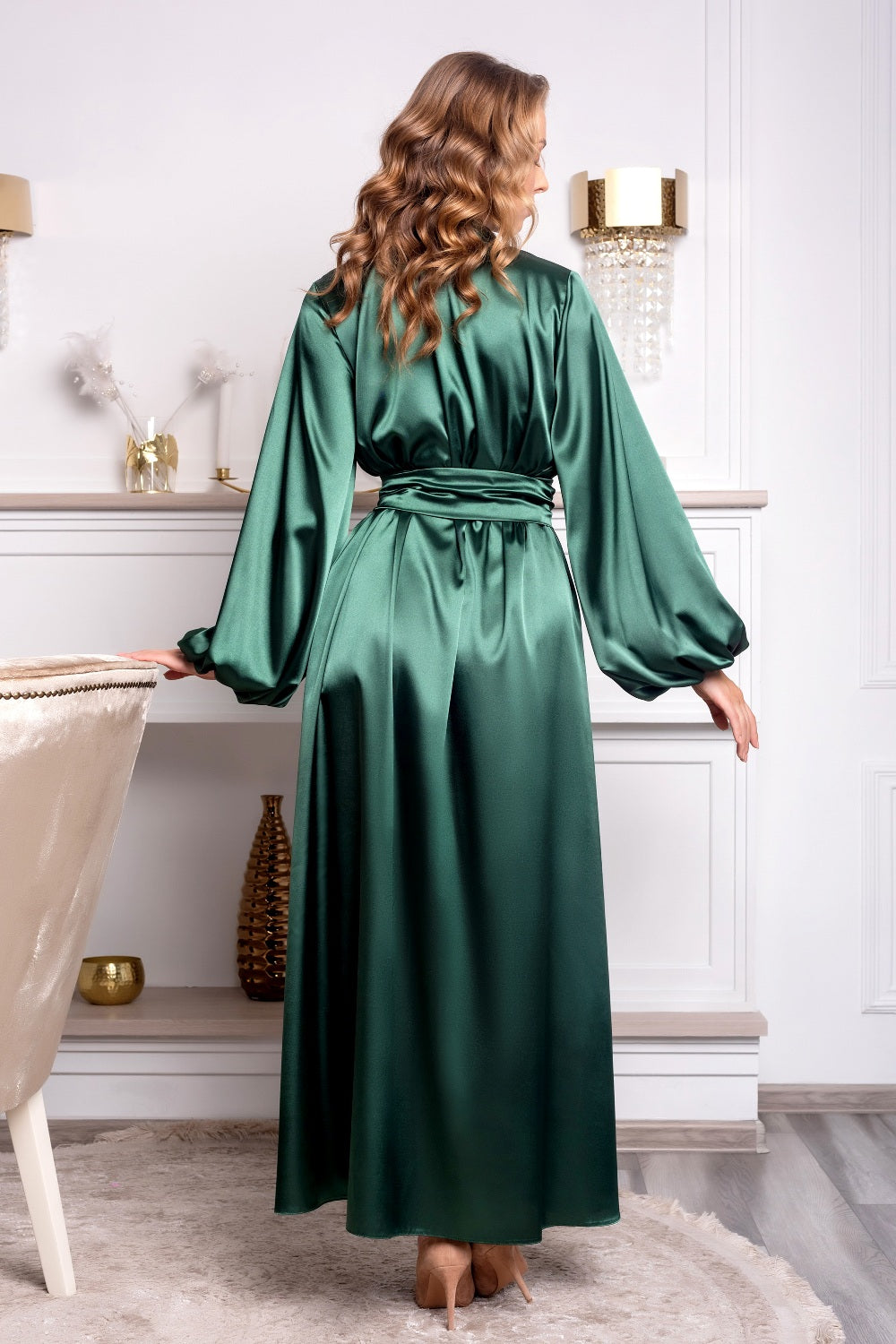 Bridesmaid Luxury: Dark Green Satin Long Kimono Robe in All Its Glory