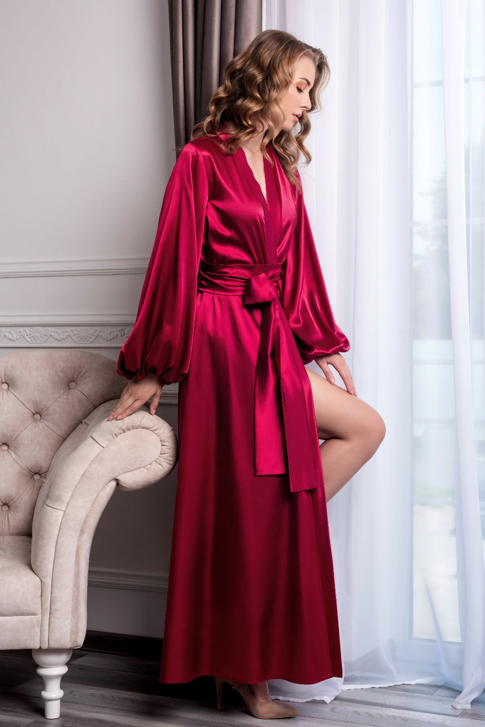 Bridal Charm: Explore Burgundy Satin Long Kimono Robe Collection