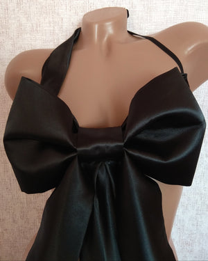 Black halter top with a large body bow