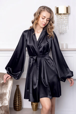 Black satin short robe with puffy sleeves — sexy boudoir look