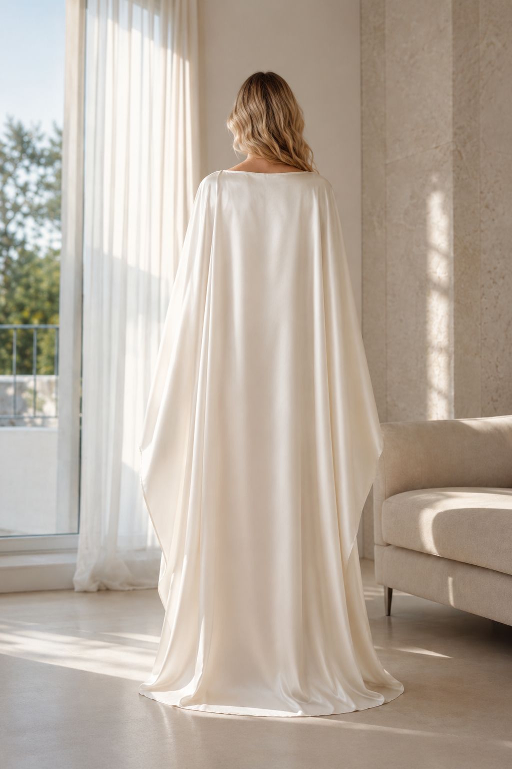 A woman stands with her back to the camera wearing a flowing ivory satin cape-style dress in a bright, modern room with warm sunlight and a sofa in the background.