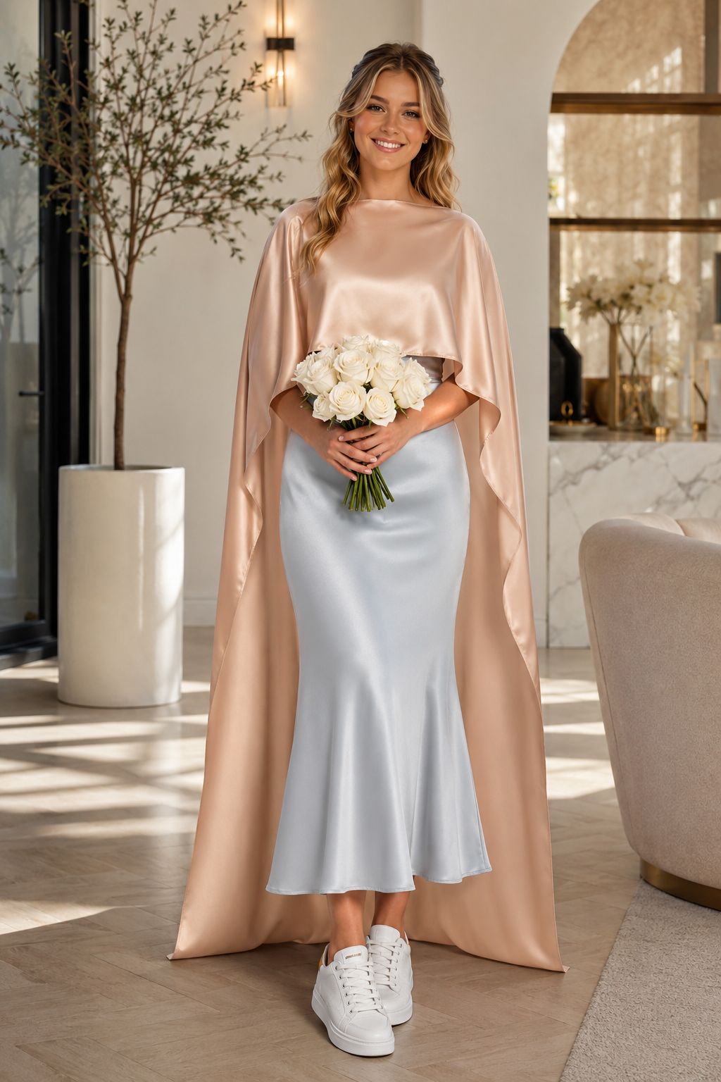 A woman models a floor-length satin gown with a draped cape-style overlay in warm beige and dark brown, styled in a sunlit indoor room with a fireplace and window.