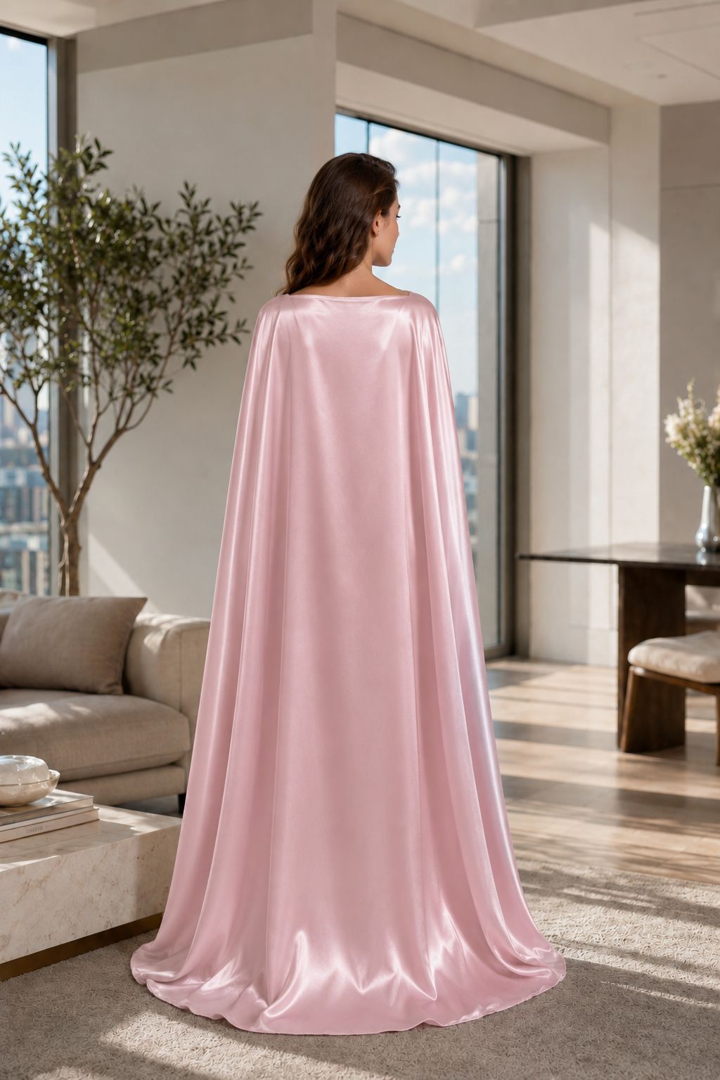 A woman stands with her back to the camera wearing a flowing satin cape-length gown in light pink, set in a modern, sunlit living room.