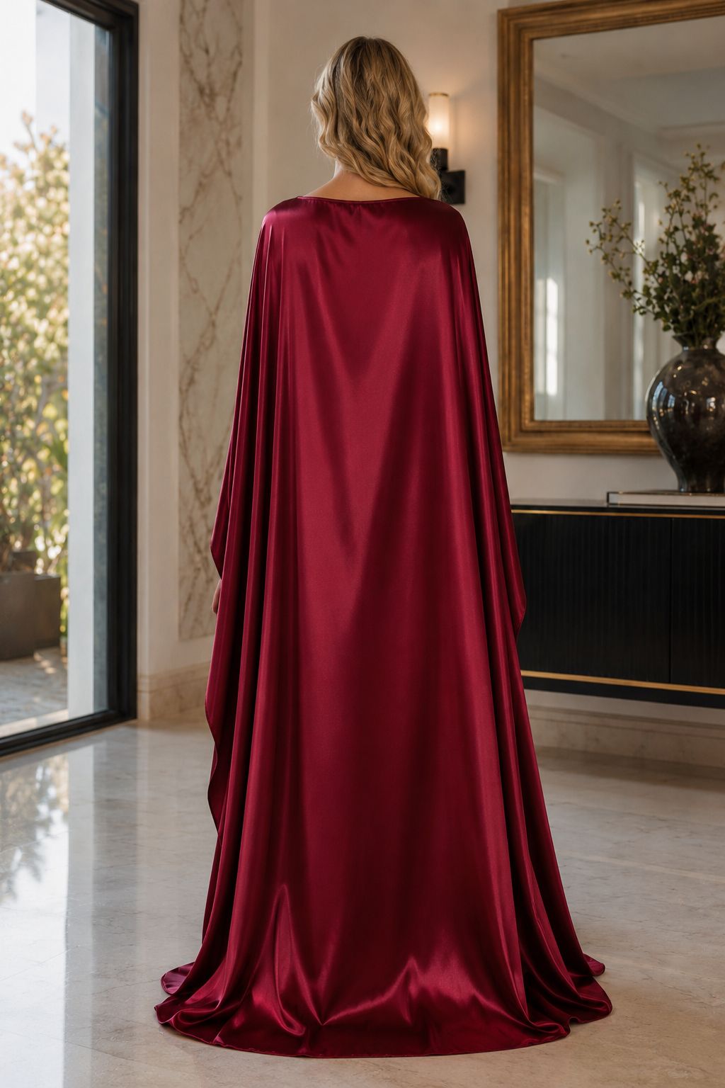 A woman viewed from behind wearing a floor-length draped satin cape in deep burgundy, standing in a luxurious indoor setting with a large mirror and marble floor.