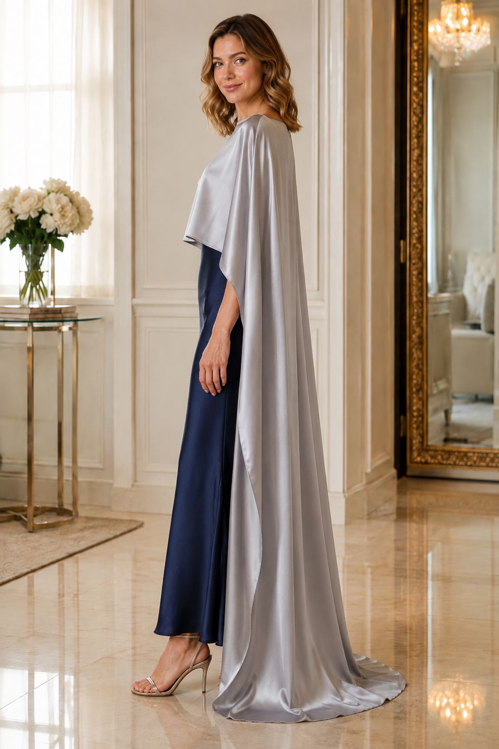 A woman models a floor-length evening gown in a luxurious indoor setting. The dress features a navy blue satin skirt and a flowing silver cape overlay with wide draped sleeves.