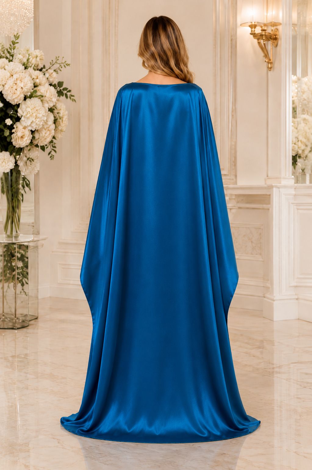 A woman viewed from behind wearing a floor-length royal blue satin cape dress in an elegant cream-colored interior with floral arrangements and wall sconces.
