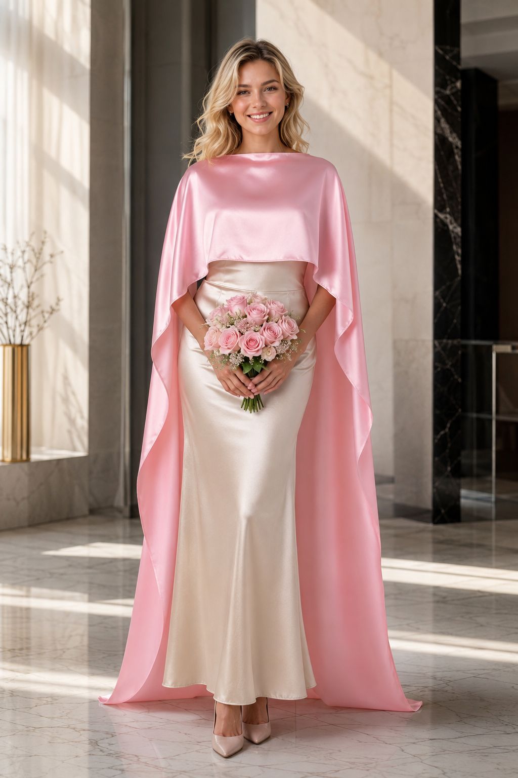 A woman models a floor-length satin gown with a high-low cape effect. The dress features a champagne beige skirt and a contrasting light pink cape overlay, set against a modern, sunlit minimalist interior.