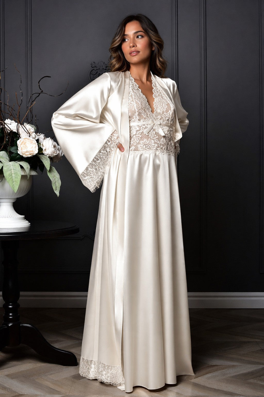 Long elegant ivory satin bridal dressing gown with lace details - photo product