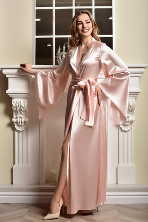 Blush pink long satin kimono robe