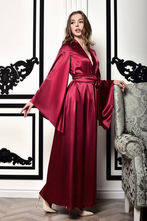 Burgundy robe adorned with delicate kimono motifs, a must-have for bridal party glam