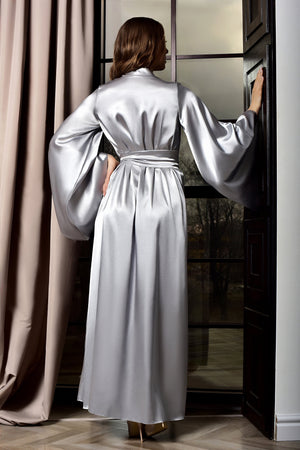 A stunning gray satin robe, designed for elegance and comfort