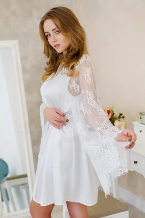 White satin bridal robe with lace bell sleeves for wedding morning