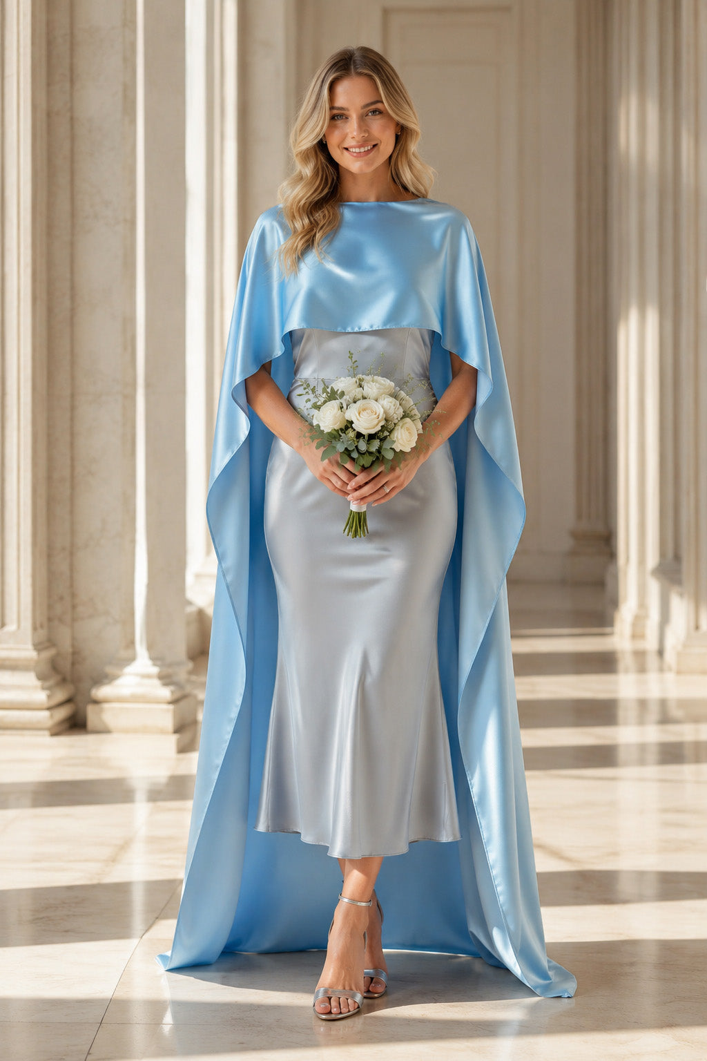 A woman stands in a grand indoor hallway wearing a light blue satin dress with a draped cape-style overlay and a fitted skirt, holding a bouquet of white flowers.