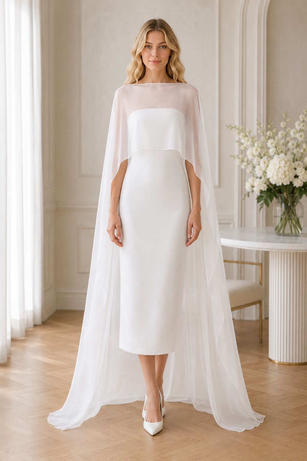 White chiffon bridal cape for wedding dress with 150 cm back length