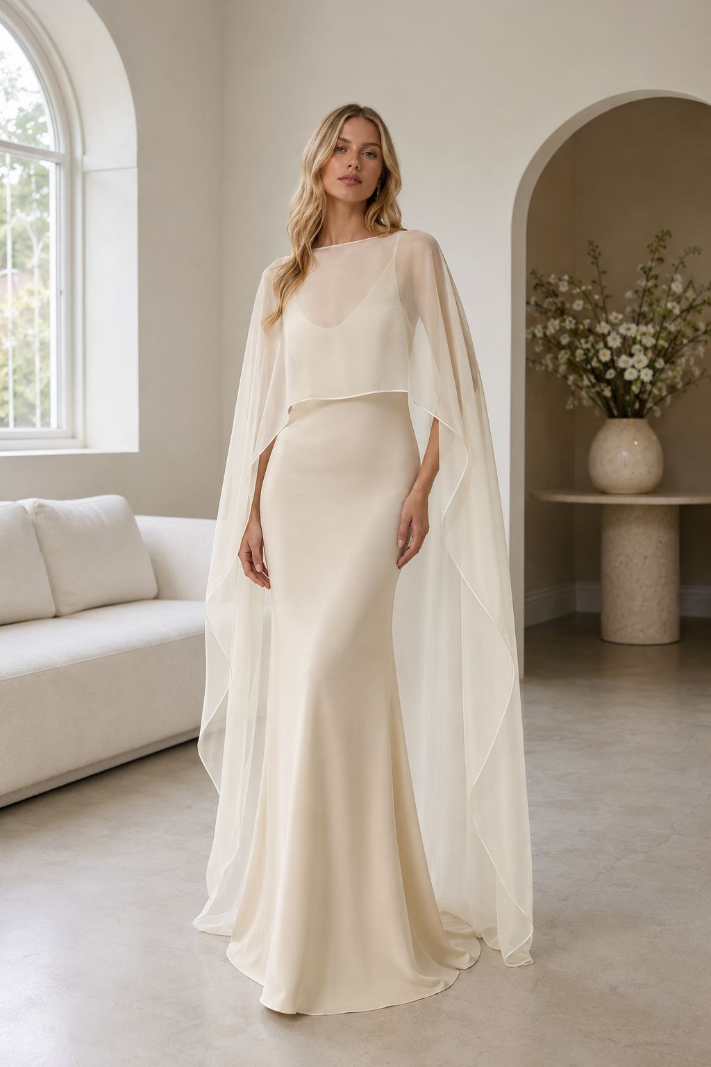 Long ivory wedding dress cape in sheer flowing chiffon