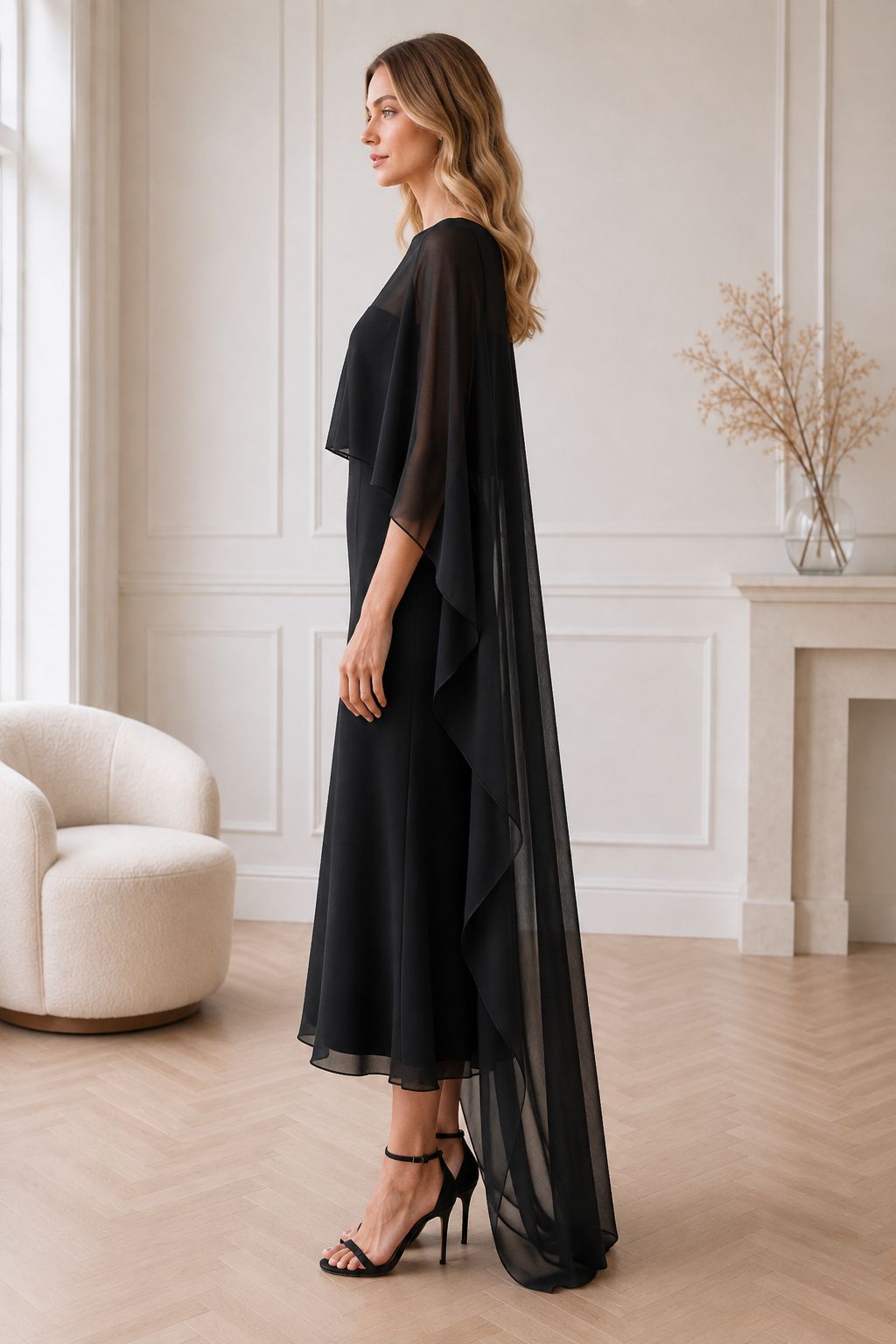 Black Chiffon Cape for Dress – Sheer Floor-Length Evening Cape