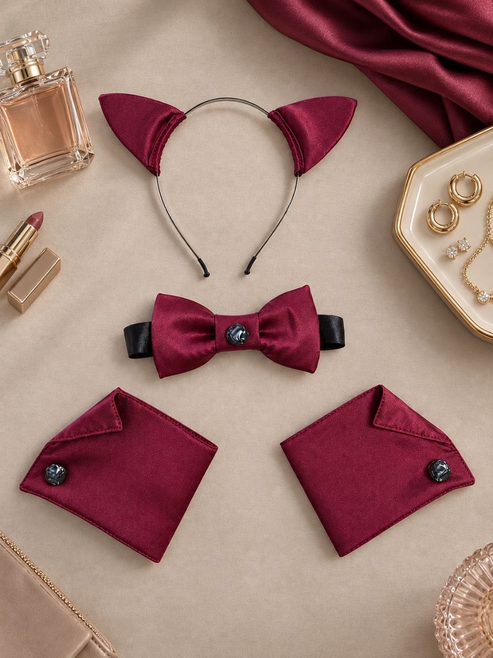 Satin Cat Ears, Bow Tie & Wrist Cuffs Set