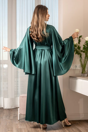 Dark green luxury satin robe for lounging and photoshoots