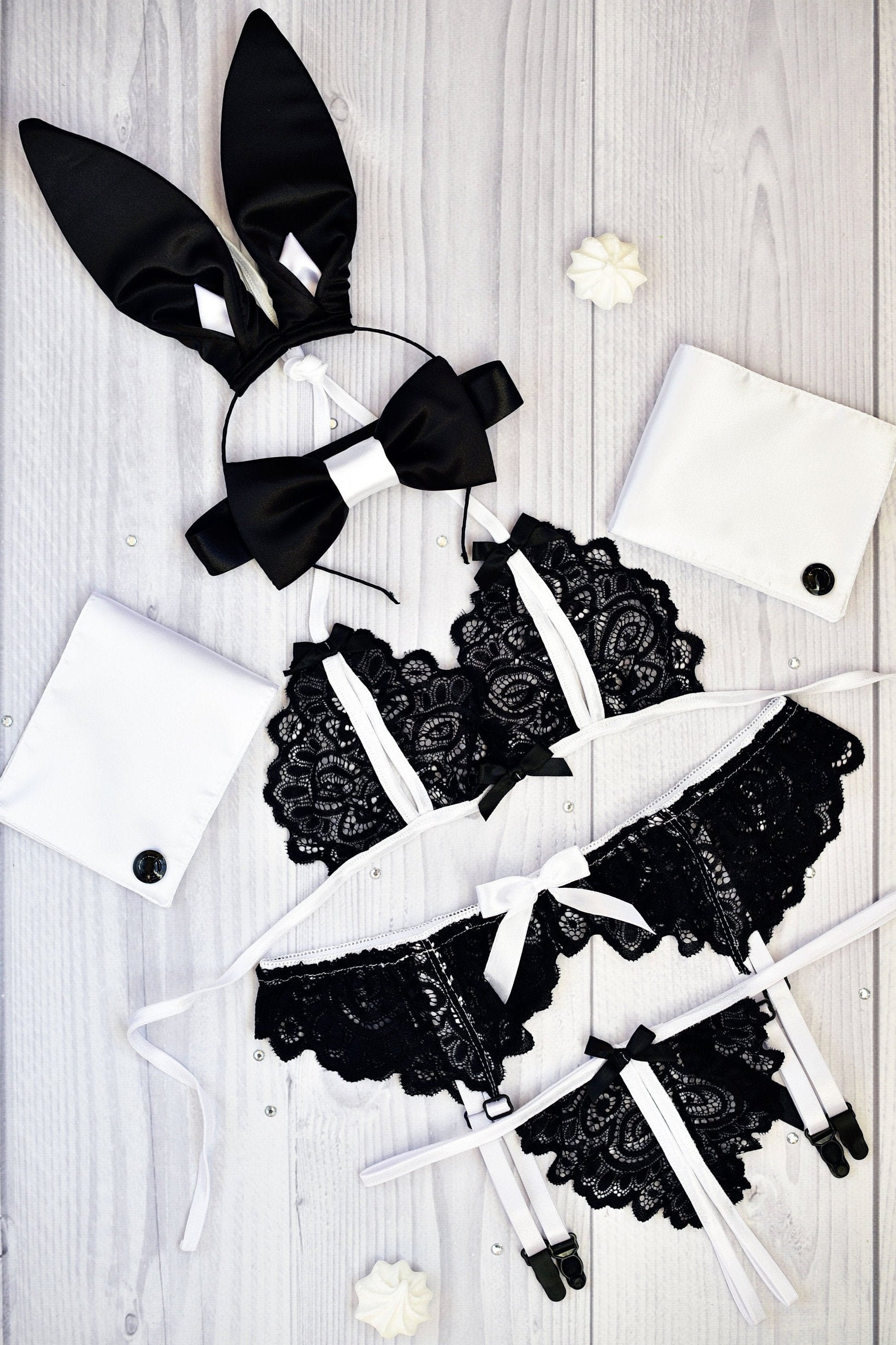 black and white sexy lingerie Garter Belt Lingerie Set with Stocking Push Up White Black Bra and Thong  Set main image 1