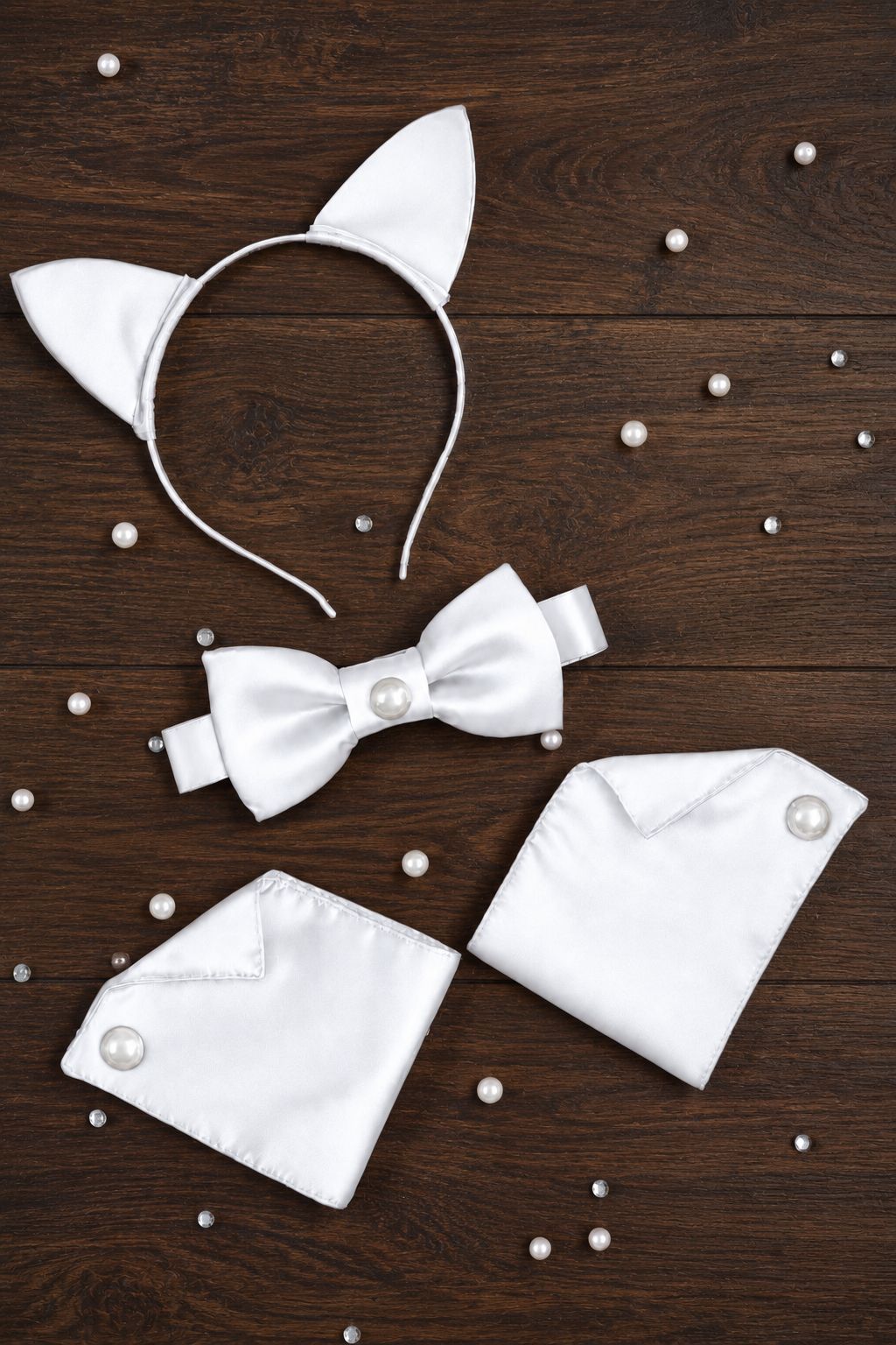 Satin Cat Ears, Bow Tie & Wrist Cuffs Set