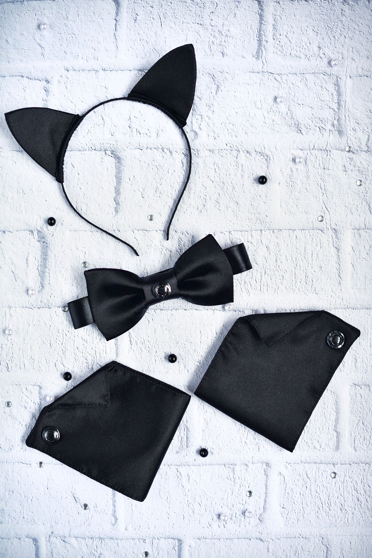Satin Cat Ears, Bow Tie & Wrist Cuffs Set