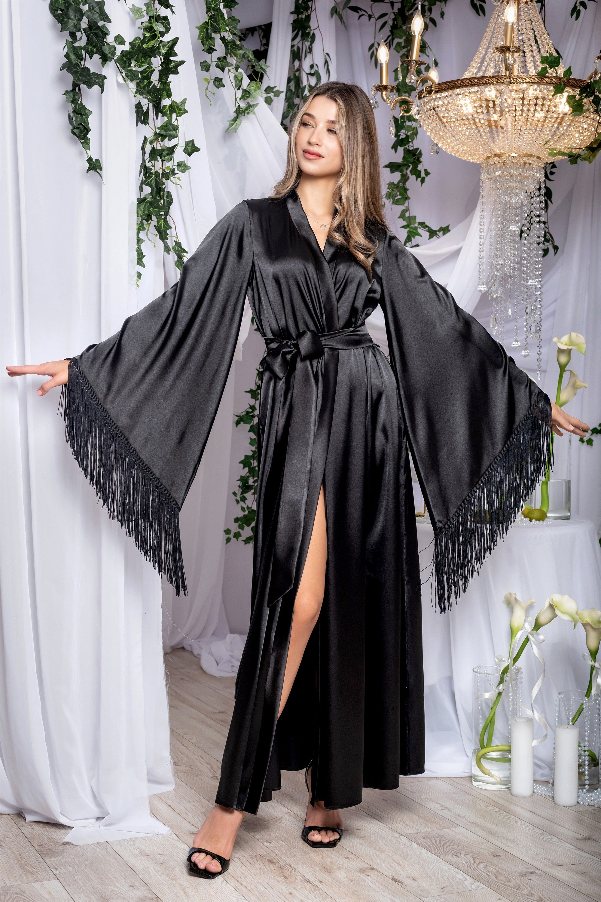 Woman loor-length black fringe kimono robe with a sash belt - photo product