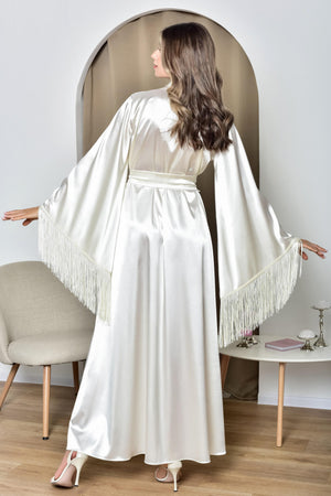 Woman ivory satin robe, vintage robe women, kimono robe ivory, elegant robe satin