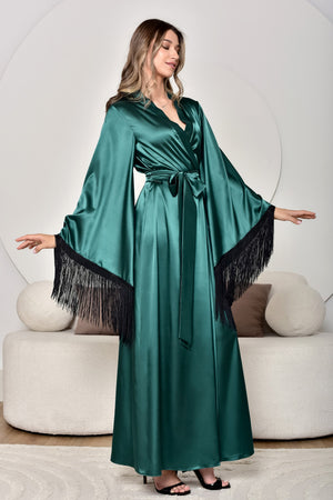 Woman green robe peignoir with black fringe trim