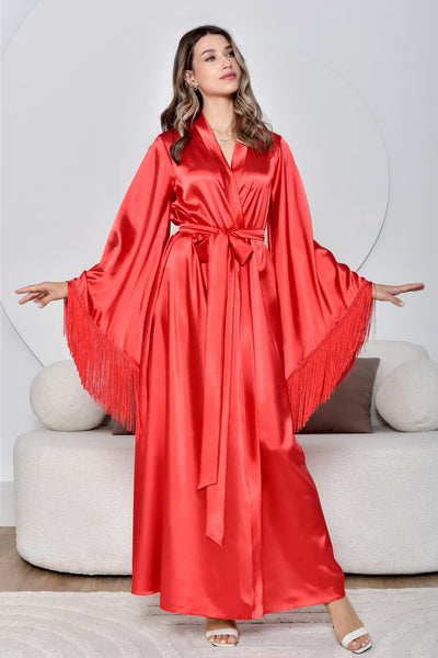 Red satin boudoir robe fringed kimono nightwear