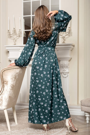 Emerald green robe, floral print kimono, faux silk dressing gown