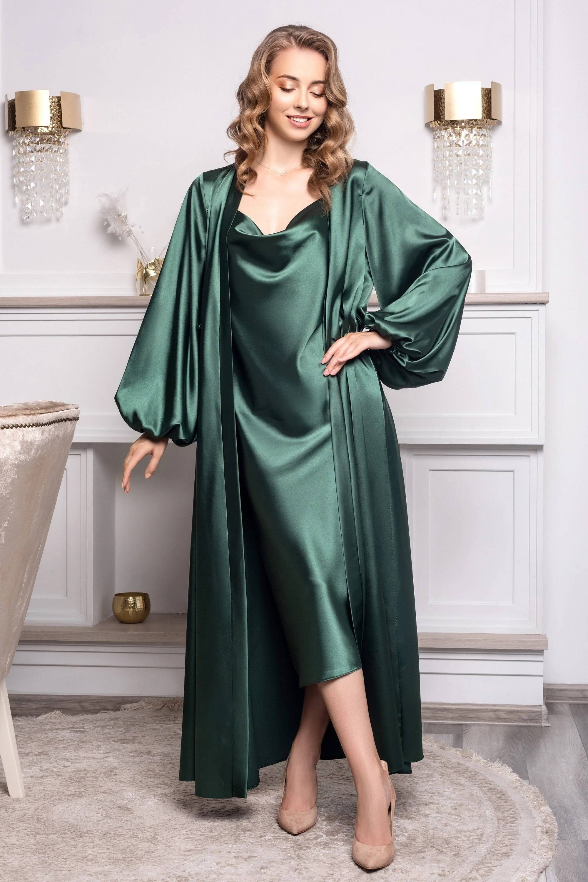 Emerald Satin Sexy Nightwear Set — Luxury Gift Xs / Dark Green