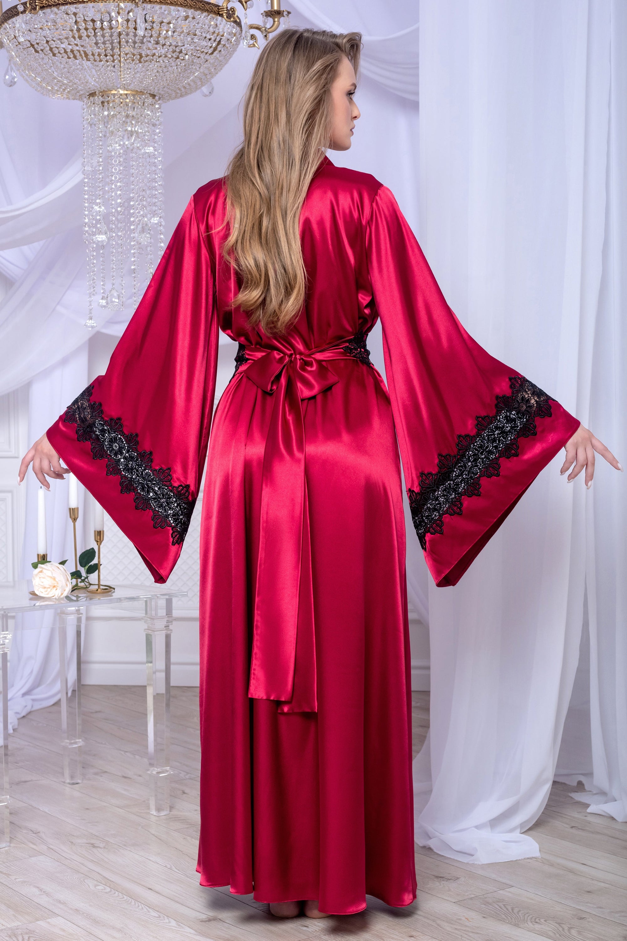 Handmade satin robe with lace trim – special occasion gift
