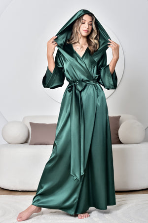 Woman green satin hooded robe with pockets tied with a belt