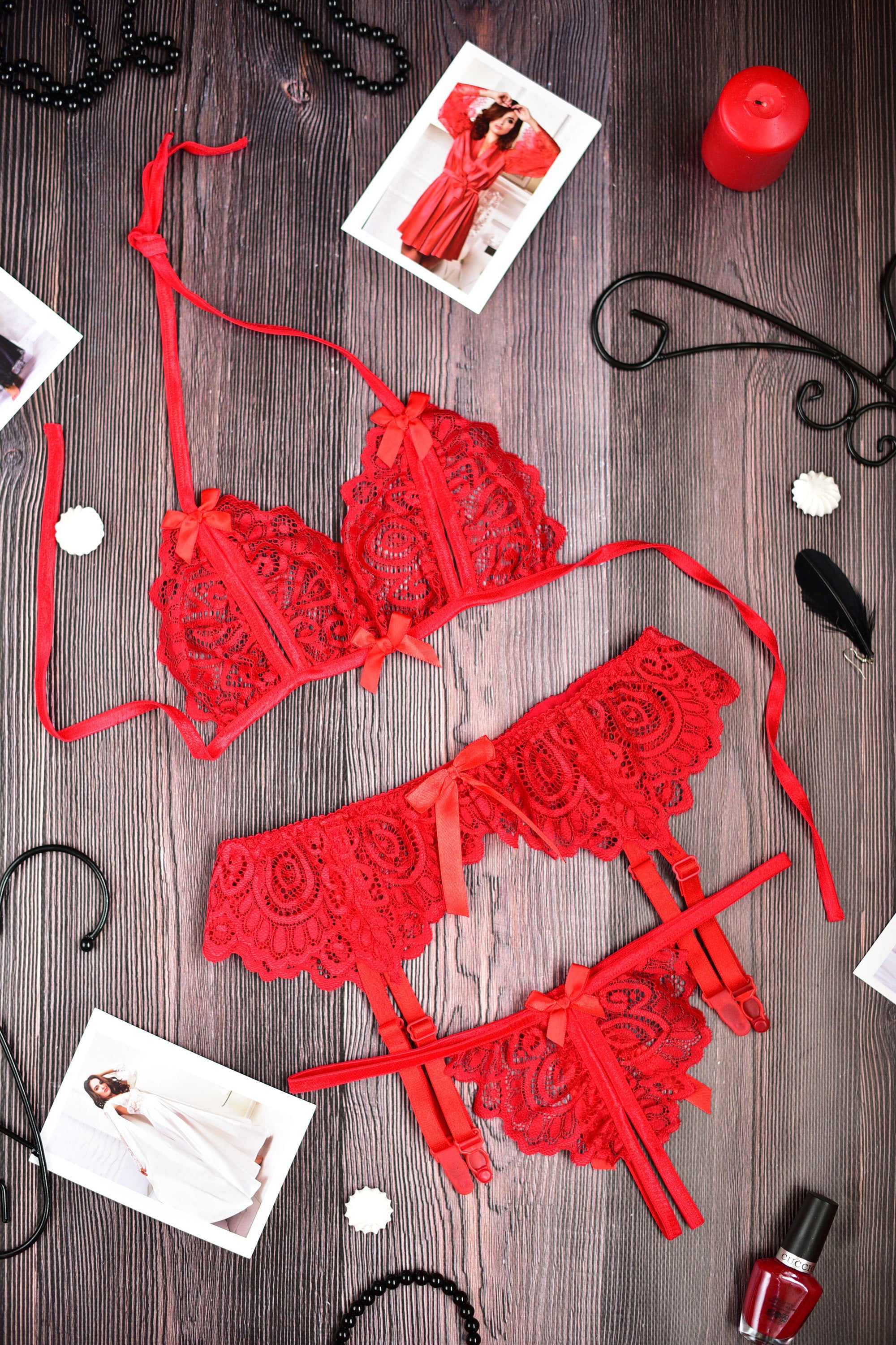 Lace Lingerie Set: Bra, Garter Belt and Crotchless Thong