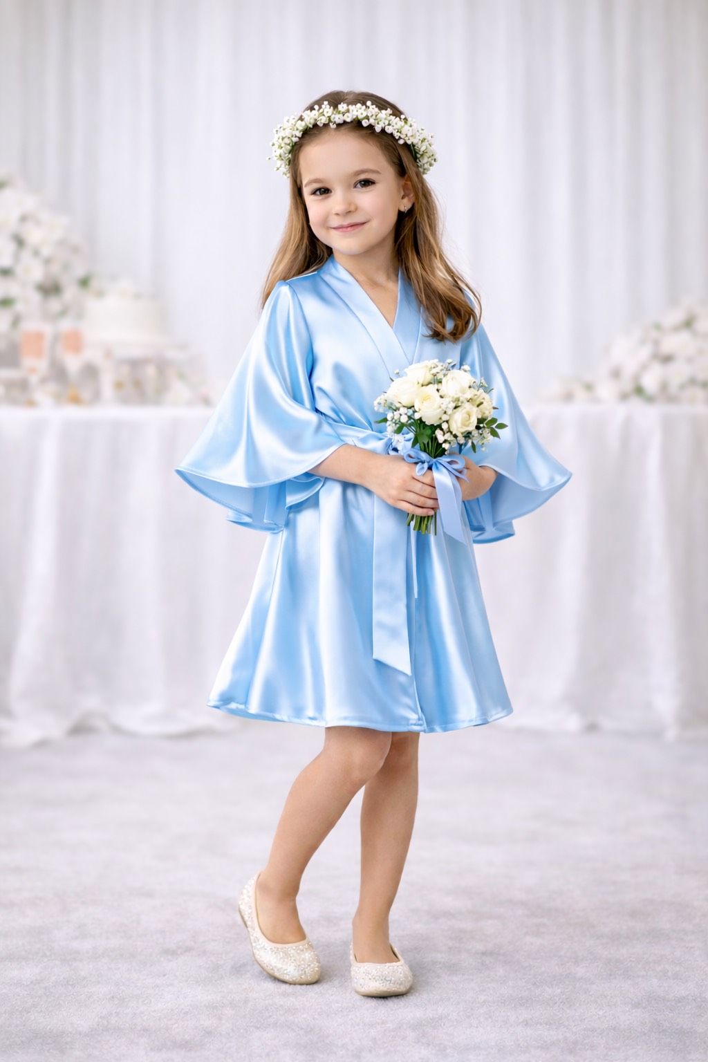 Junior bridal robe with waist tie and kimono sleeves