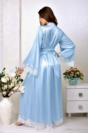 Woman's light blue satin robe with lace trim