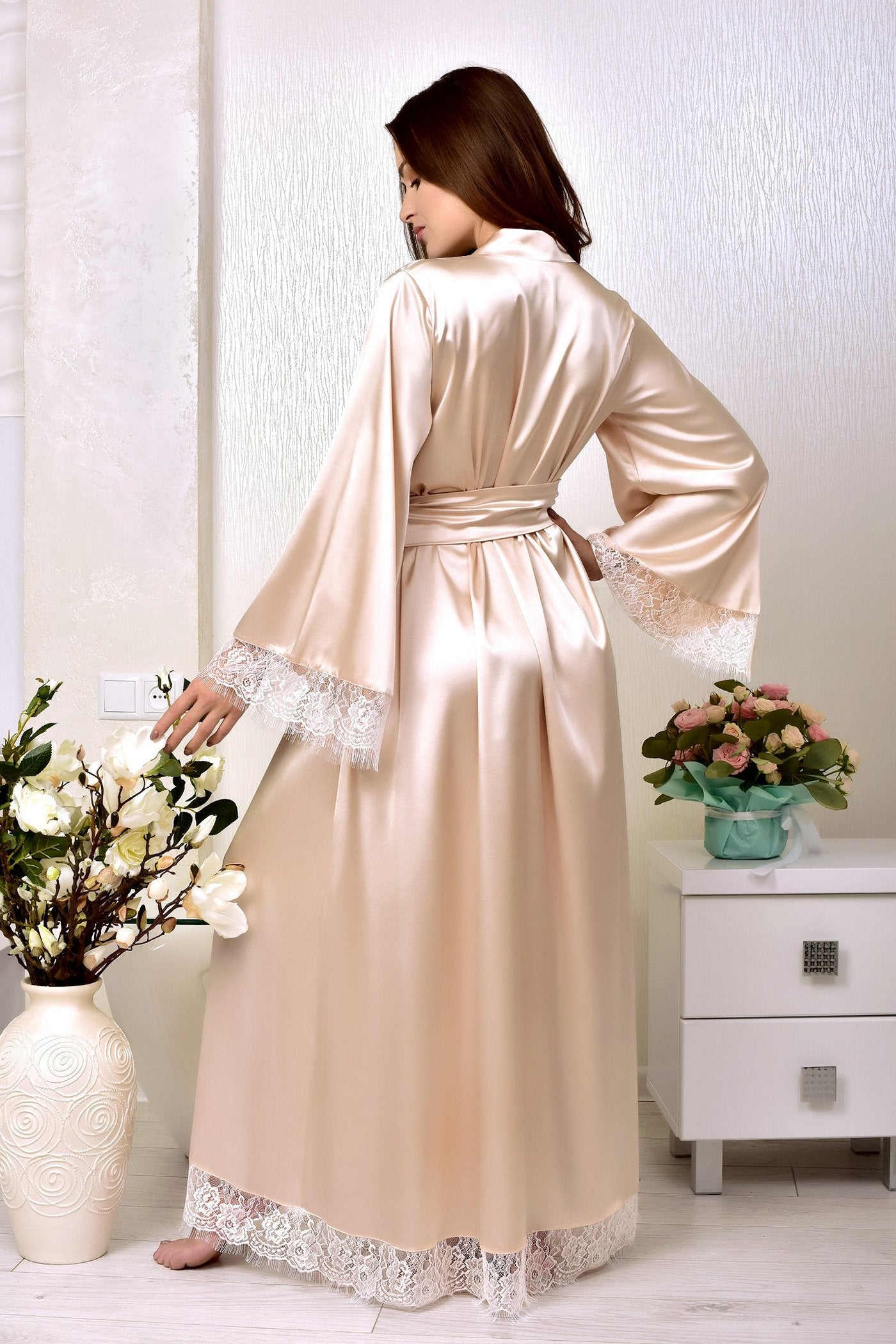 Enhance your honeymoon experience with this romantic and comfortable Lace-Trim Maxi Robe