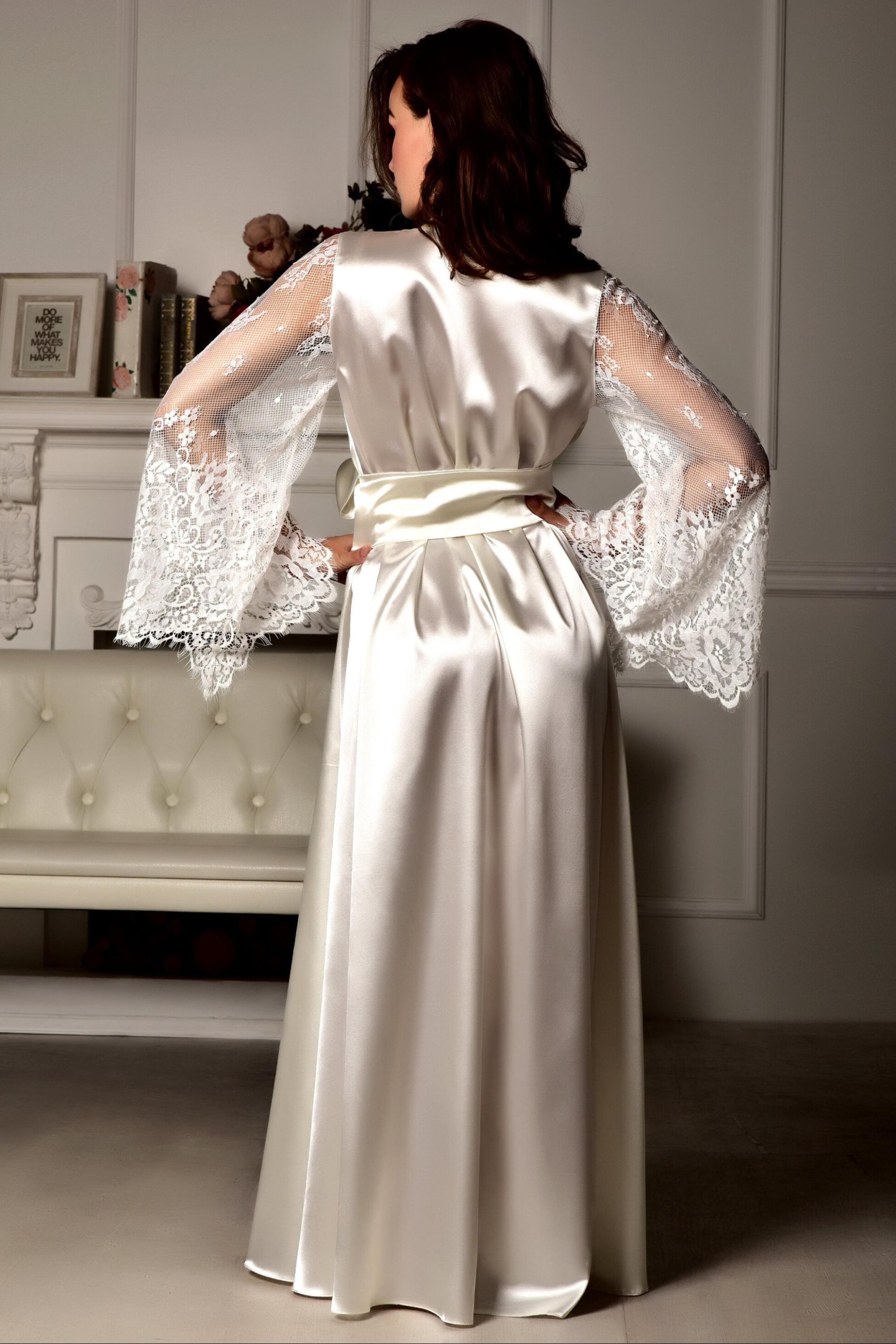 Woman long ivory satin robe with lace sleeves - plus size available