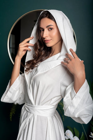 Close-up of Hood on Ivory Linen Maxi Robe