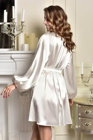 Ivory robe for bride getting ready — short feminine fit