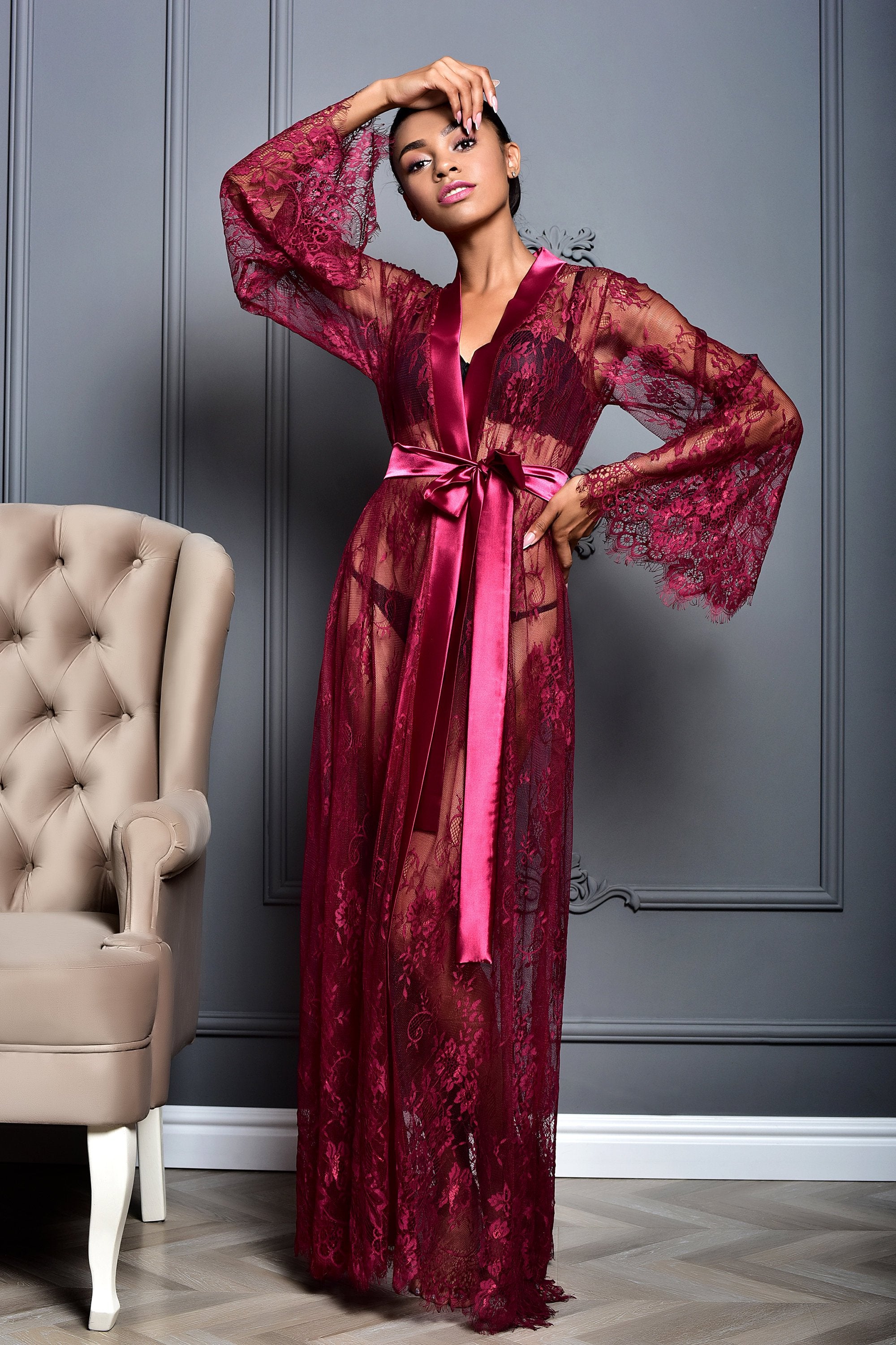 Burgundy Lace Long Robe Sheer Boudoir Negligee Marrysol Shop Burgundy Lace Long Robe Sheer Boudoir Negligee Marrysol Shop
