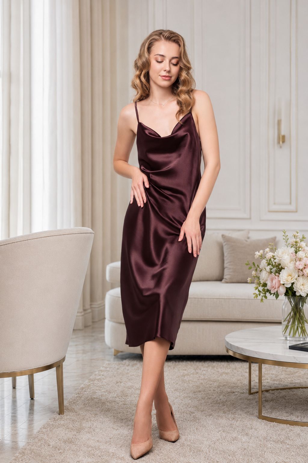 Dark brown satin lingerie set with soft natural sheen