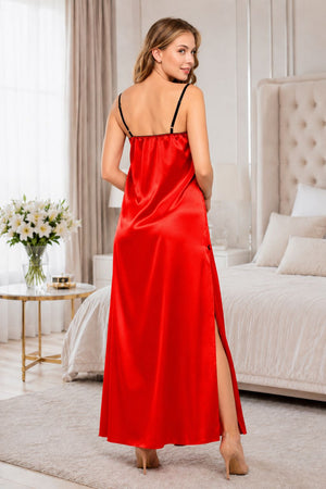 Red satin lingerie robe and long nightgown for women