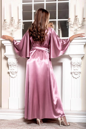 Floor-length blush satin kimono robe, elegant bridal loungewear
