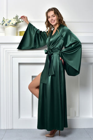Dark green satin kimono robe for bridesmaid