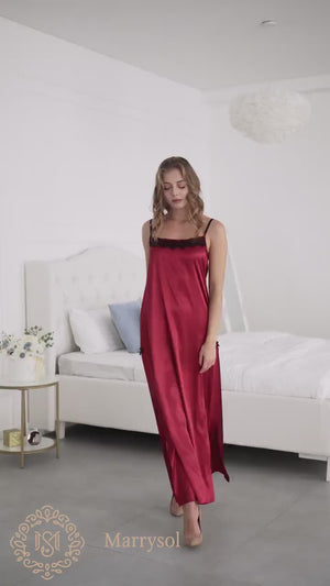 Burgundy Satin Nightgown in action - embrace elegance and allure.