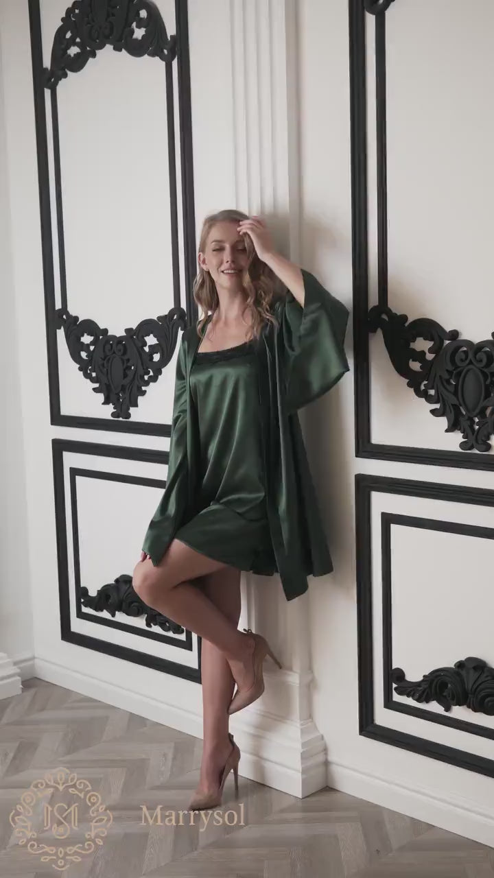 Dark Green Peignoir Set - Kimono Robe with Chemise