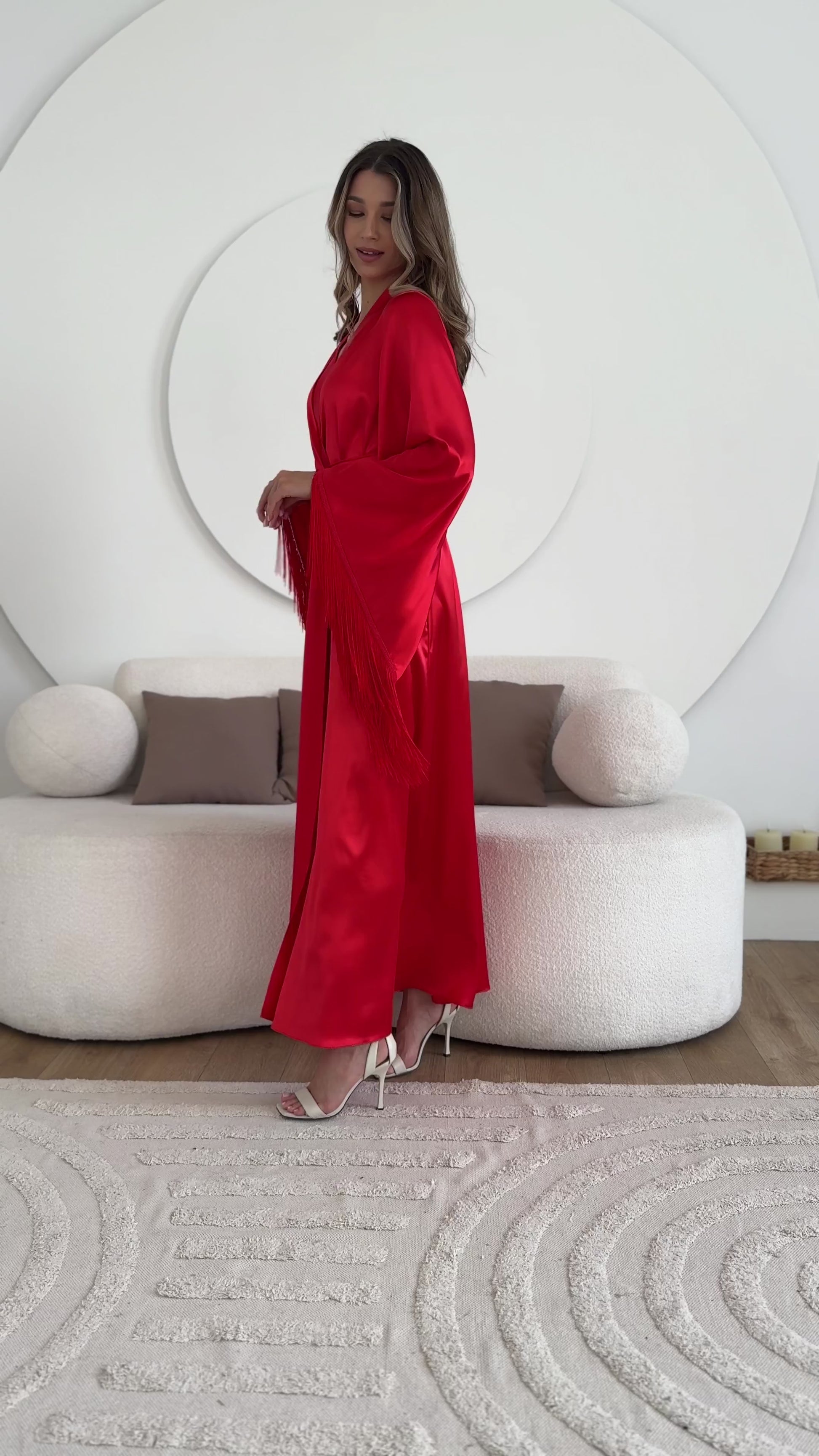 Red satin bridal robe with fringe - video product